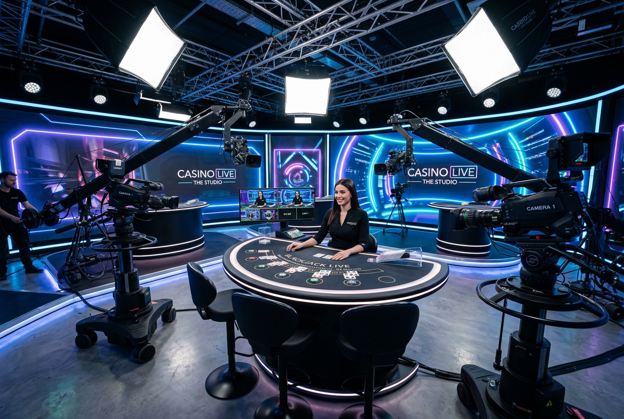 Profesjonalne studio transmisyjne kasyna na żywo z nowoczesnym oświetleniem i kamerami 4K